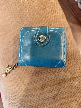 Teal Leather Compact Wallet with Floral Snap